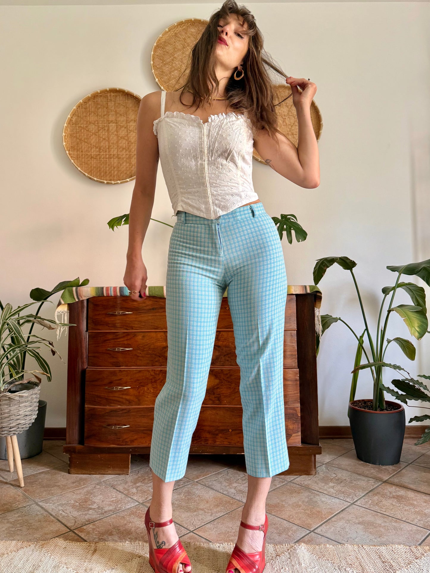 1970's vintage light blue and cream plaid capri pants