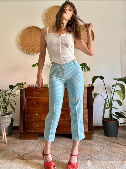 1970's vintage light blue and cream plaid capri pants