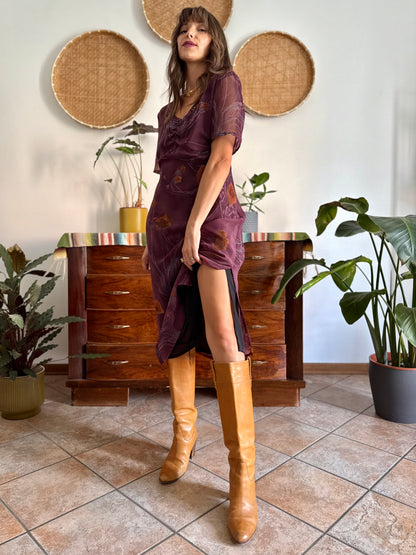 1990's vintage purple midi dress with orange and blue floral print