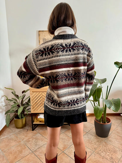 1990's vintage burgundy, grey and black geodetic stripe knit wool pullover