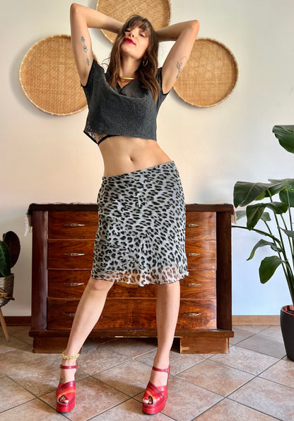 1990's vintage sheer grey and black animal print midi skirt
