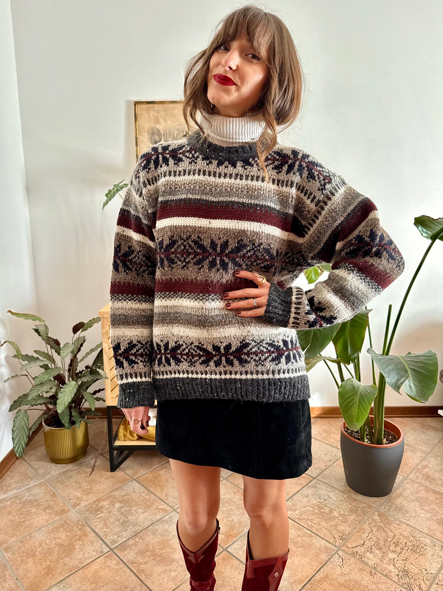 1990's vintage burgundy, grey and black geodetic stripe knit wool pullover