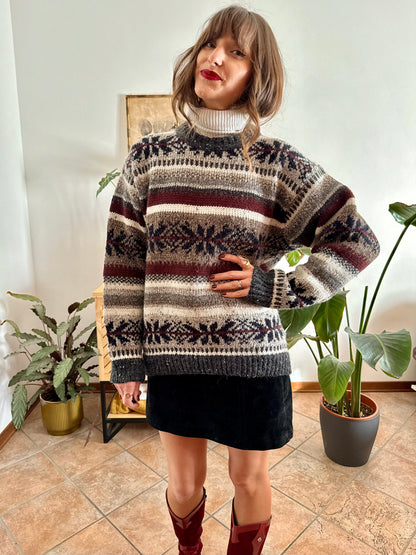 1990's vintage burgundy, grey and black geodetic stripe knit wool pullover