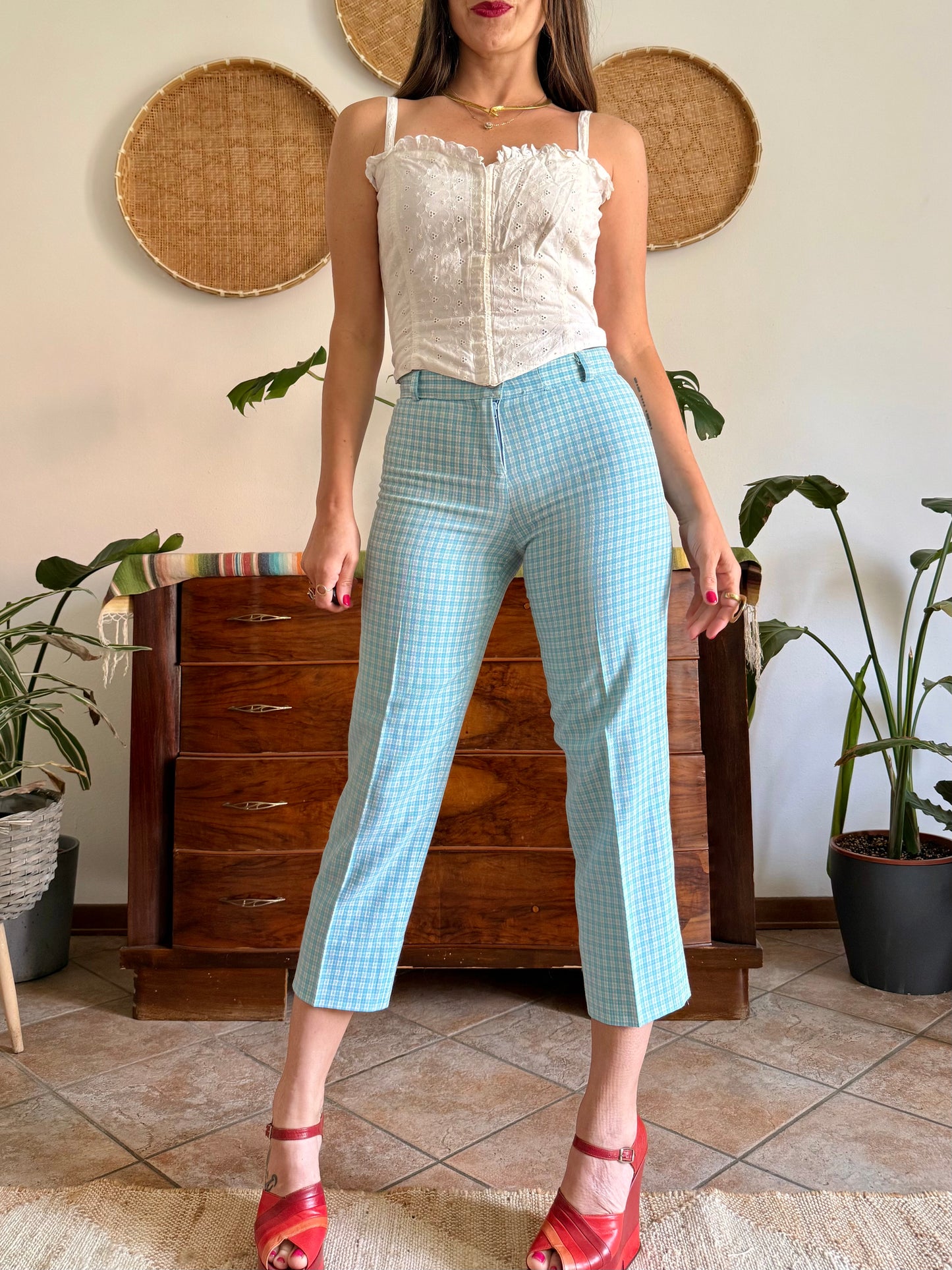 1970's vintage light blue and cream plaid capri pants