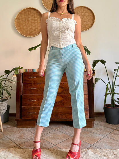 1970's vintage light blue and cream plaid capri pants