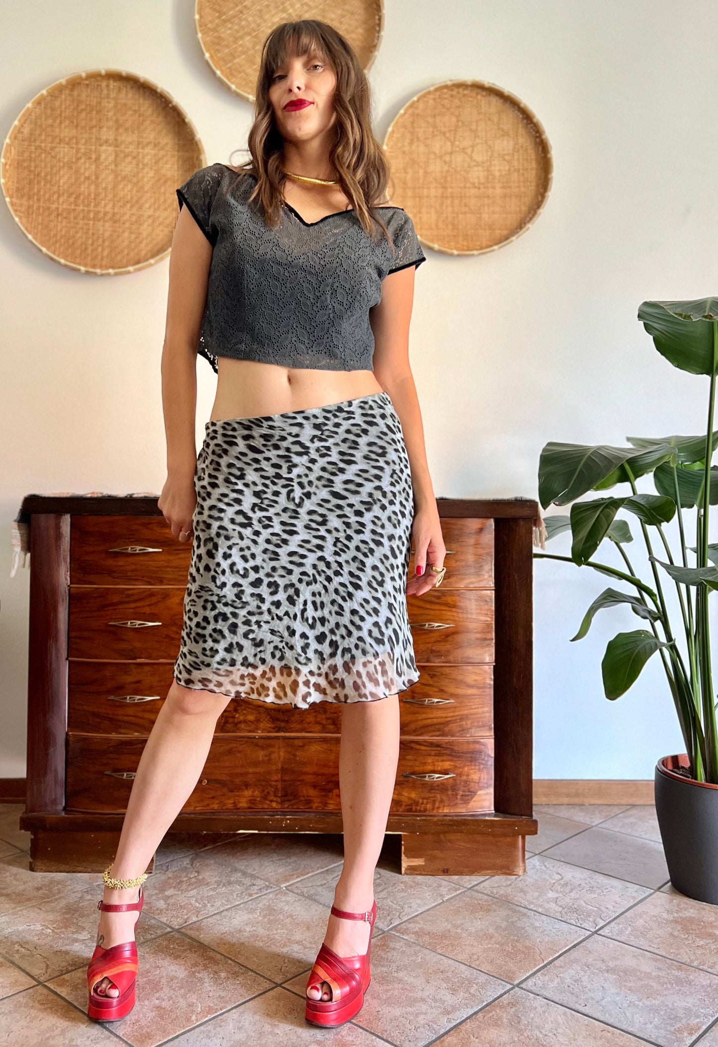 1990's vintage sheer grey and black animal print midi skirt