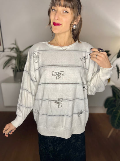 1980's vintage cream al silver knit pullover with rhinestone bow details