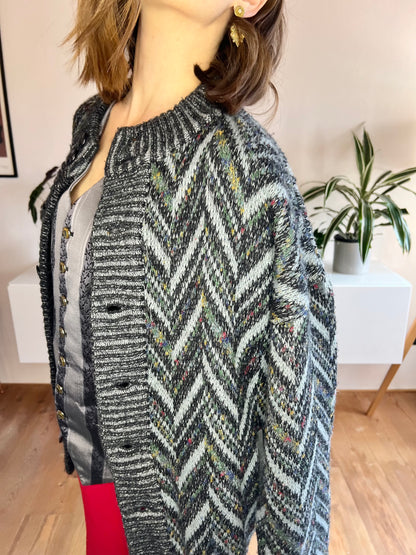 1970's vintage grey and black chevron cardigan with rainbow specks