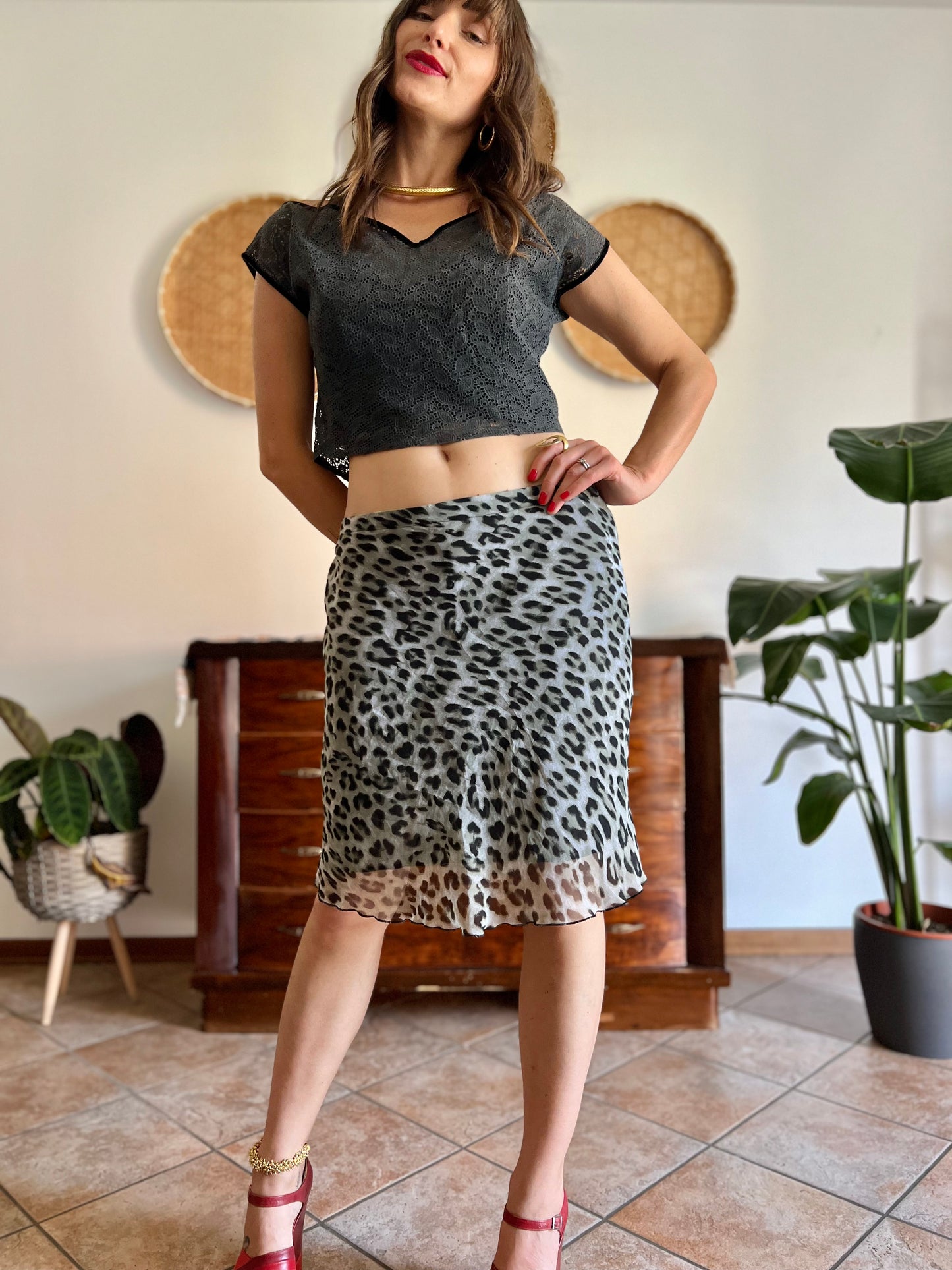 1990's vintage sheer grey and black animal print midi skirt