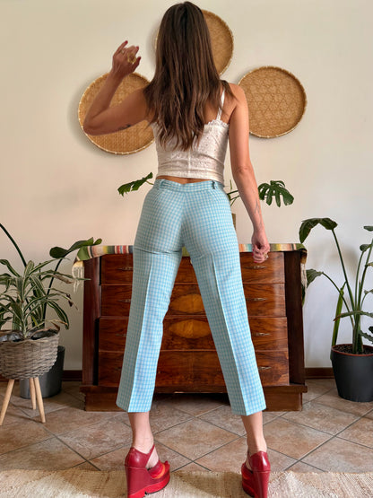 1970's vintage light blue and cream plaid capri pants