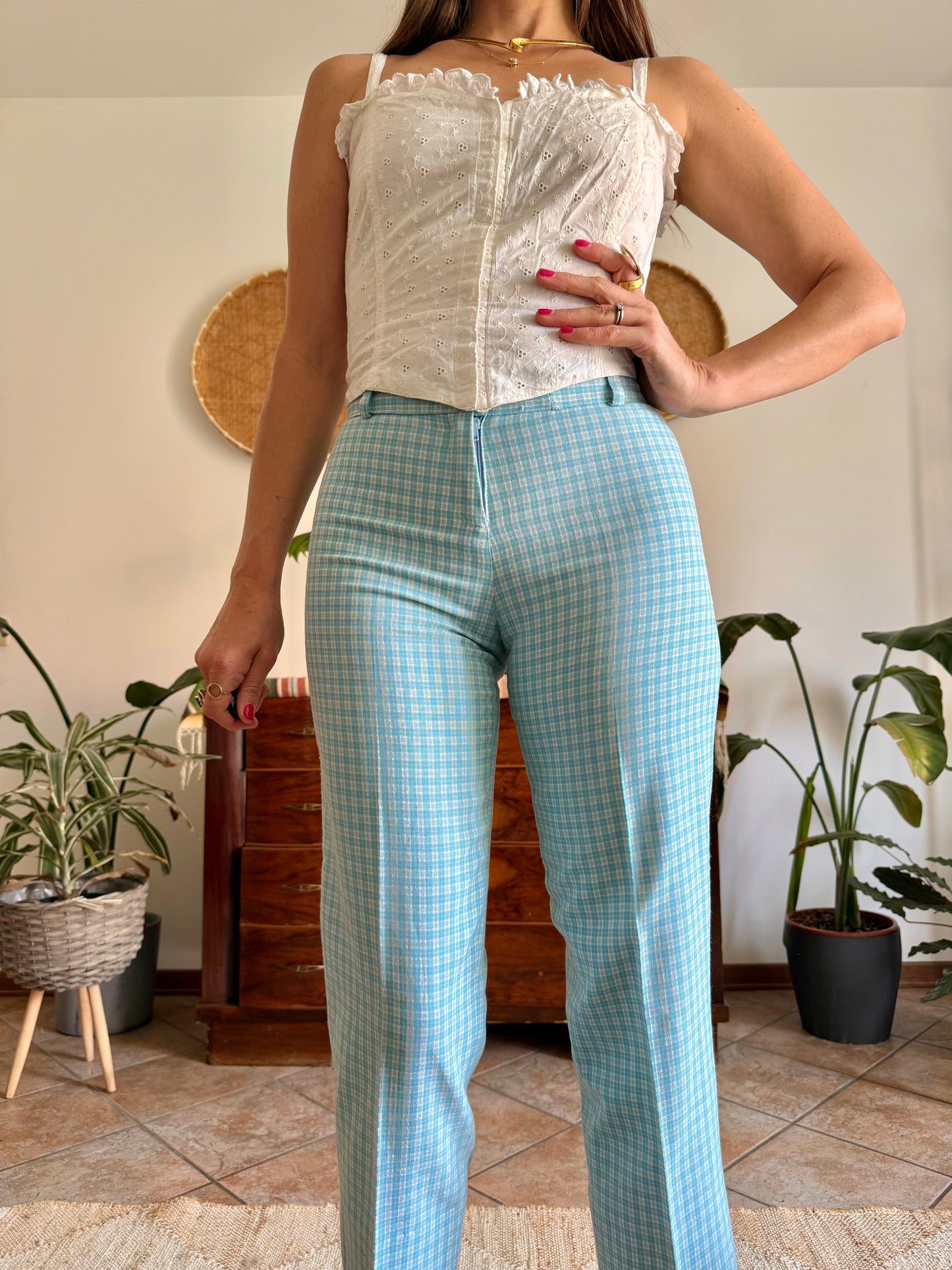1970's vintage light blue and cream plaid capri pants