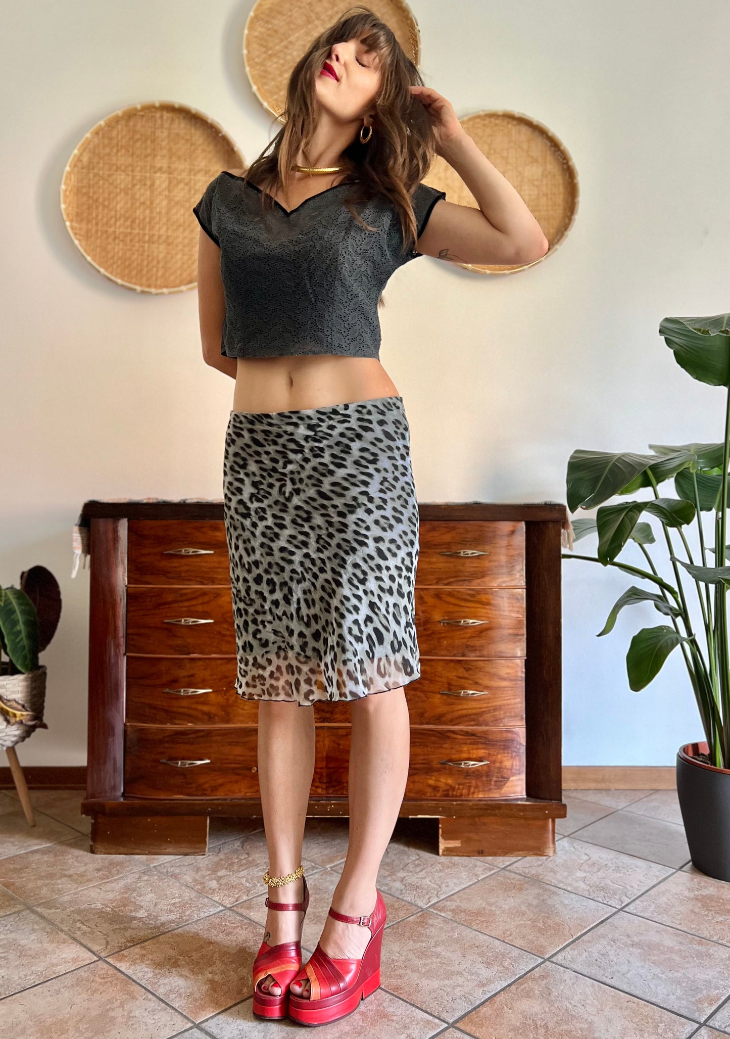 1990's vintage sheer grey and black animal print midi skirt