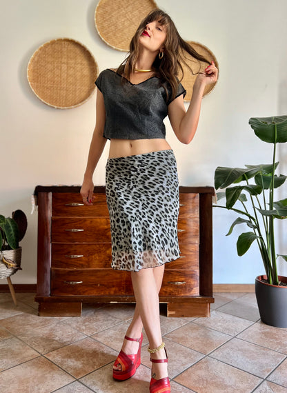 1990's vintage sheer grey and black animal print midi skirt
