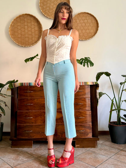 1970's vintage light blue and cream plaid capri pants