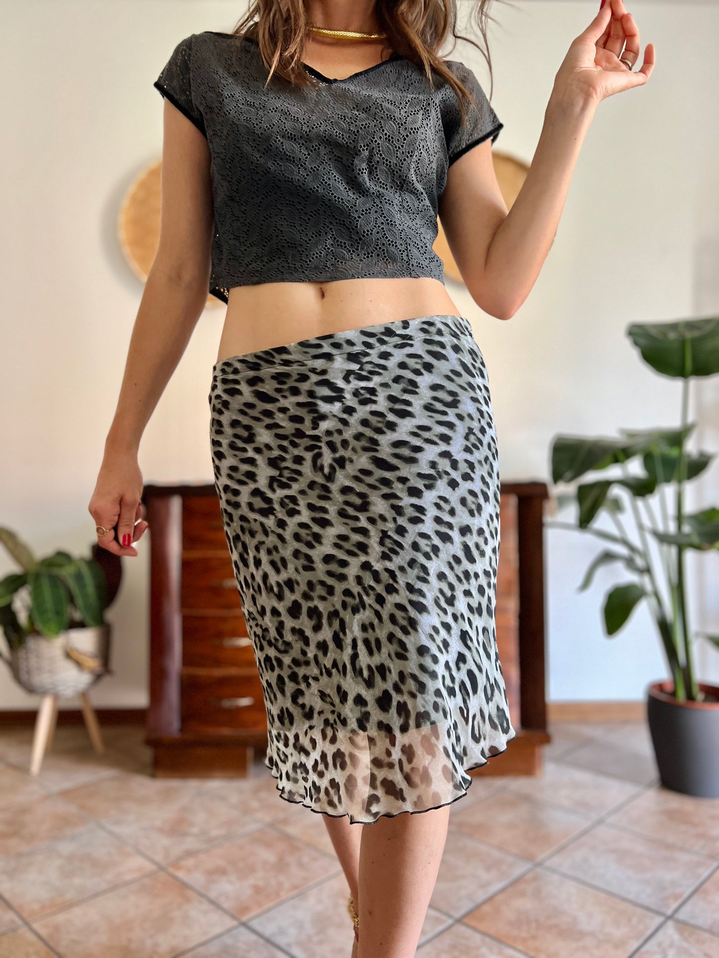 1990's vintage sheer grey and black animal print midi skirt
