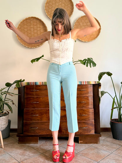 1970's vintage light blue and cream plaid capri pants