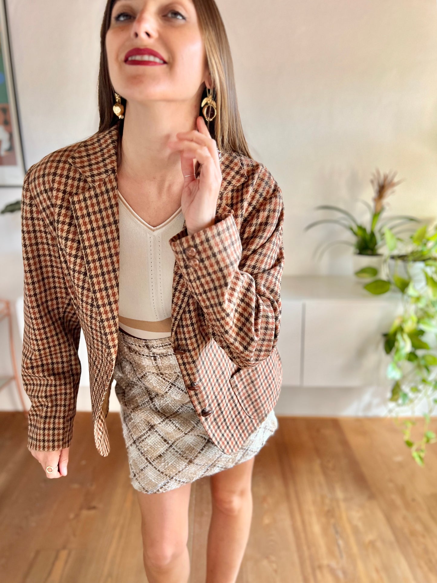 1970's vintage burgundy and brown houndstooth blazer