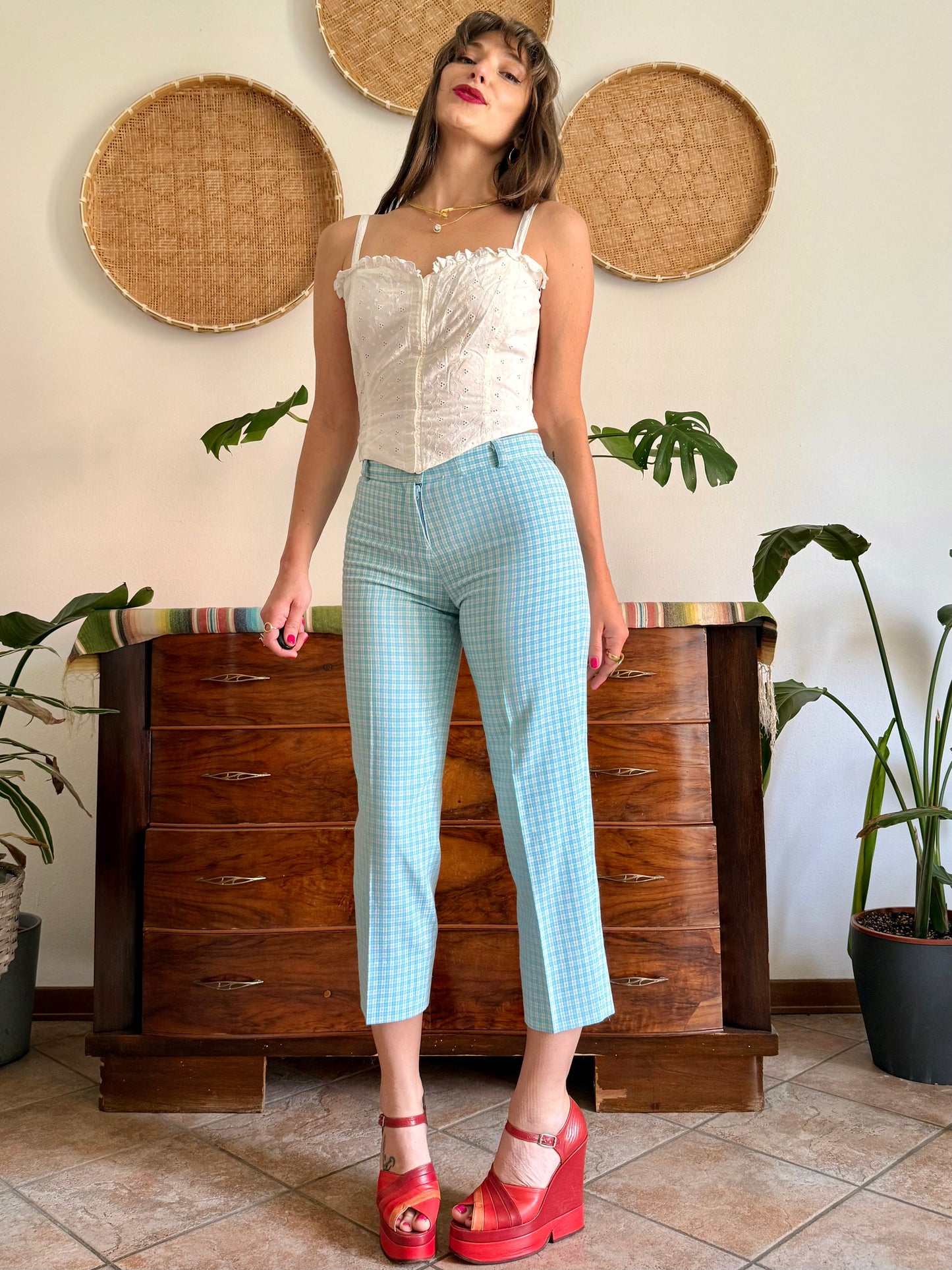 1970's vintage light blue and cream plaid capri pants