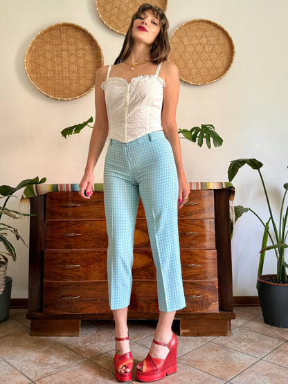 1970's vintage light blue and cream plaid capri pants