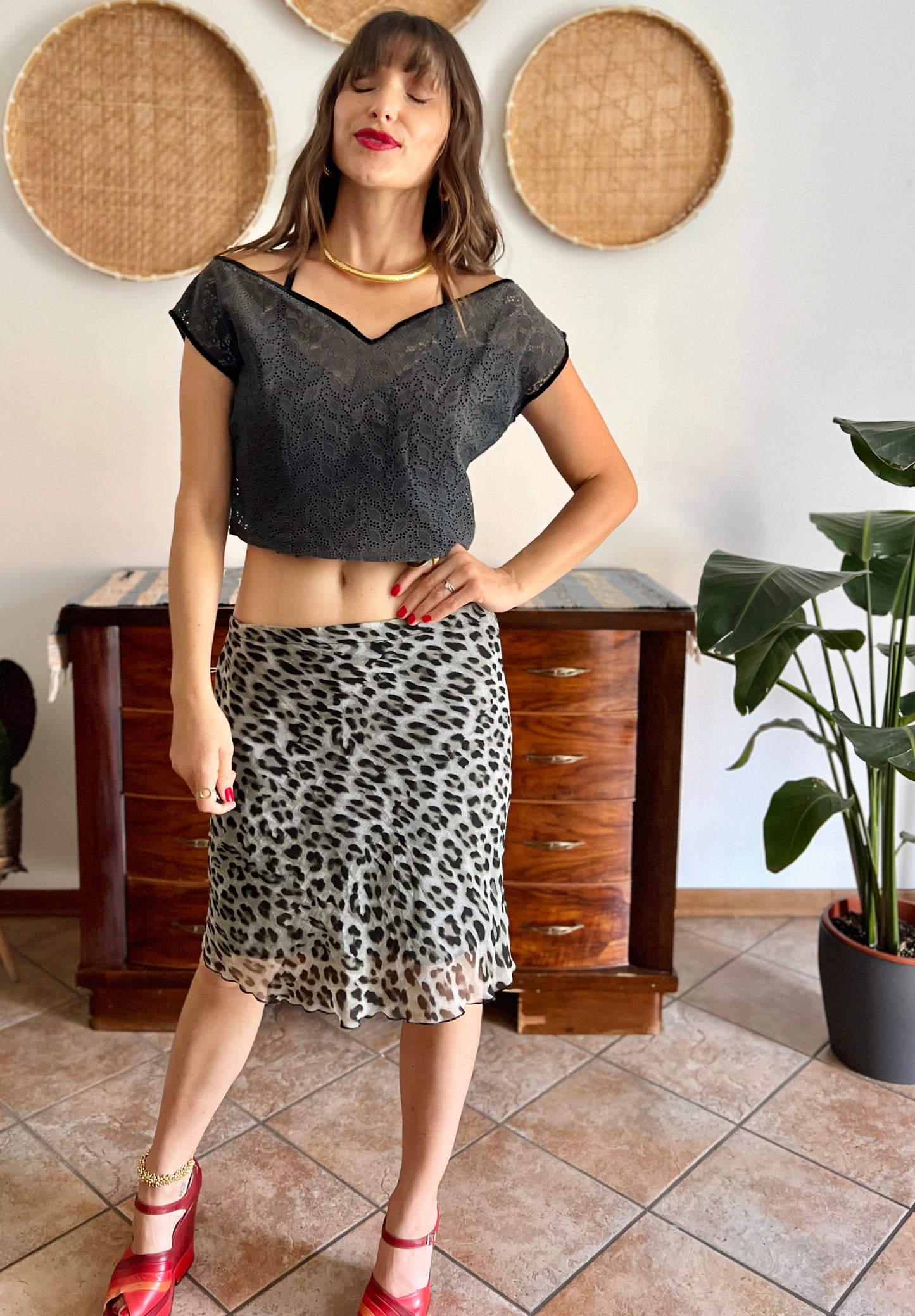 1990's vintage sheer grey and black animal print midi skirt