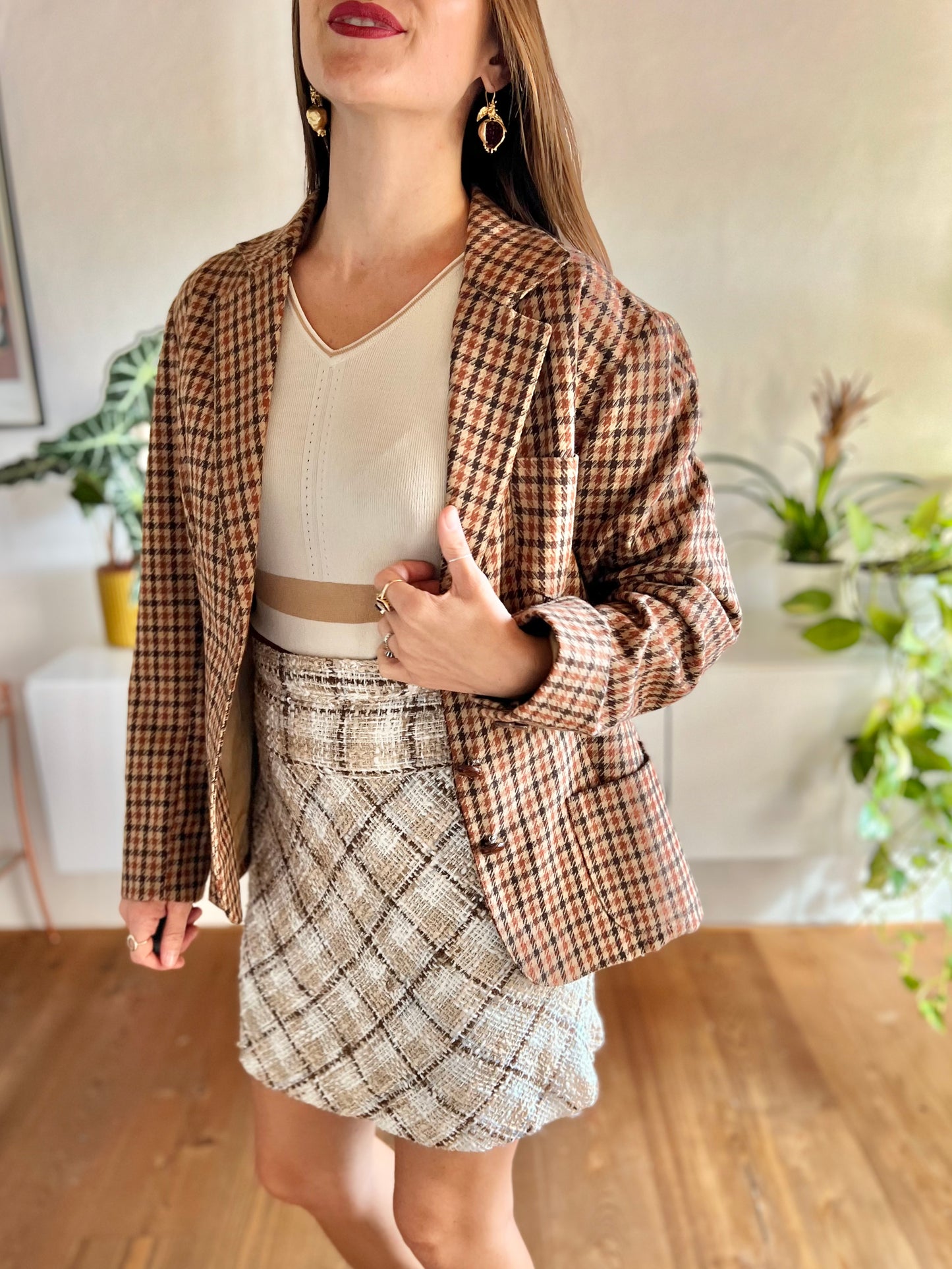 1970's vintage burgundy and brown houndstooth blazer