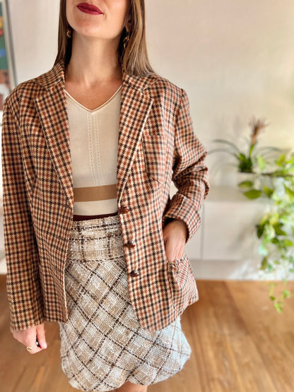 1970's vintage burgundy and brown houndstooth blazer