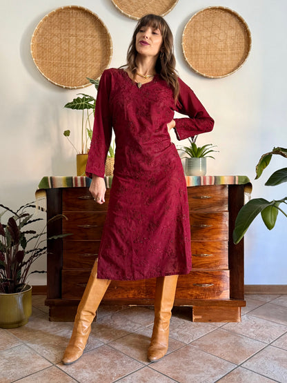 1970's vintage semi sheer burgundy midi dress with floral embroidery and sequin detailing