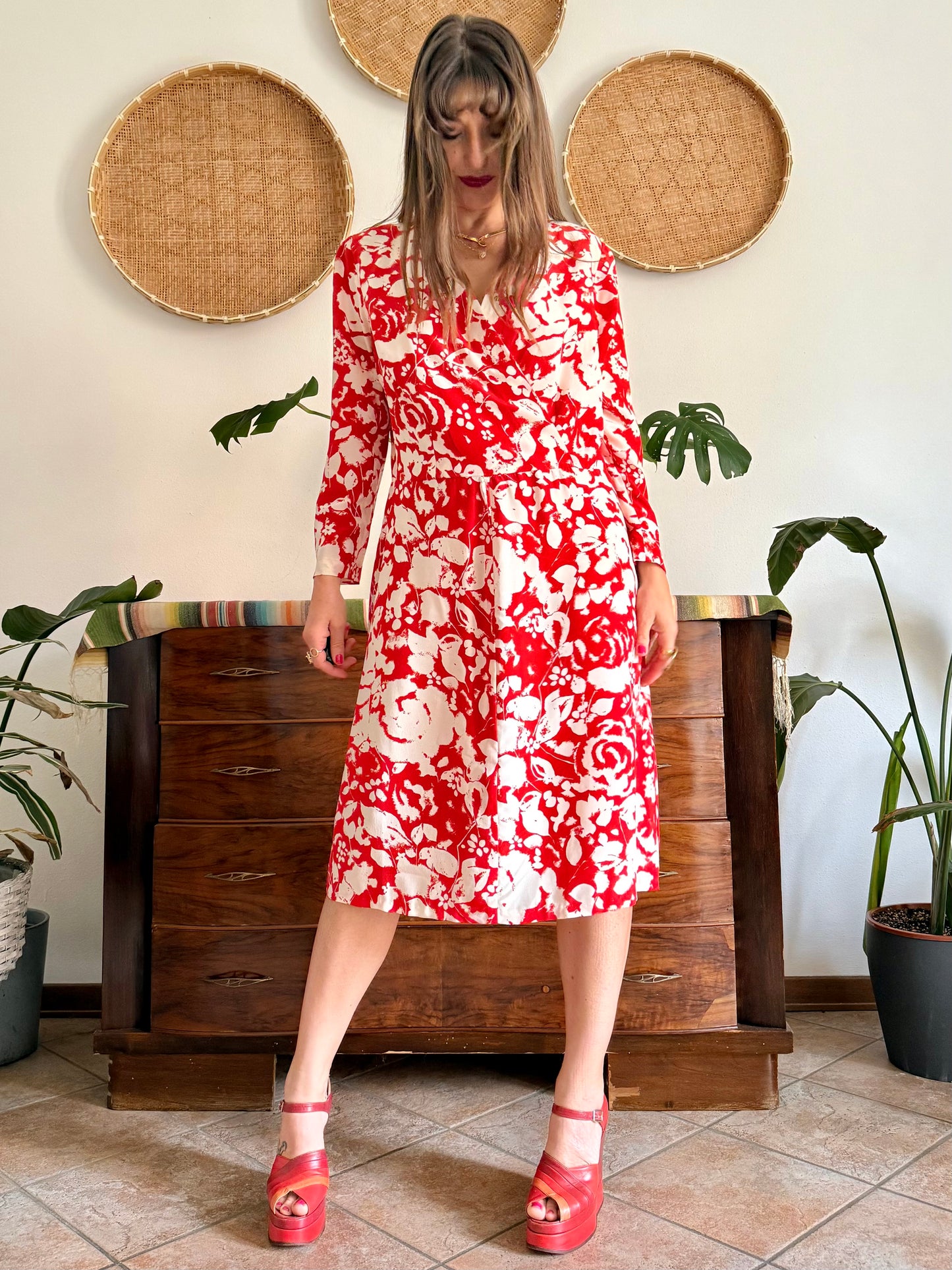 1960's vintage red and cream floral print silk midi dress