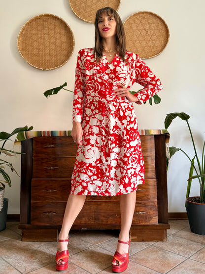 1960's vintage red and cream floral print silk midi dress