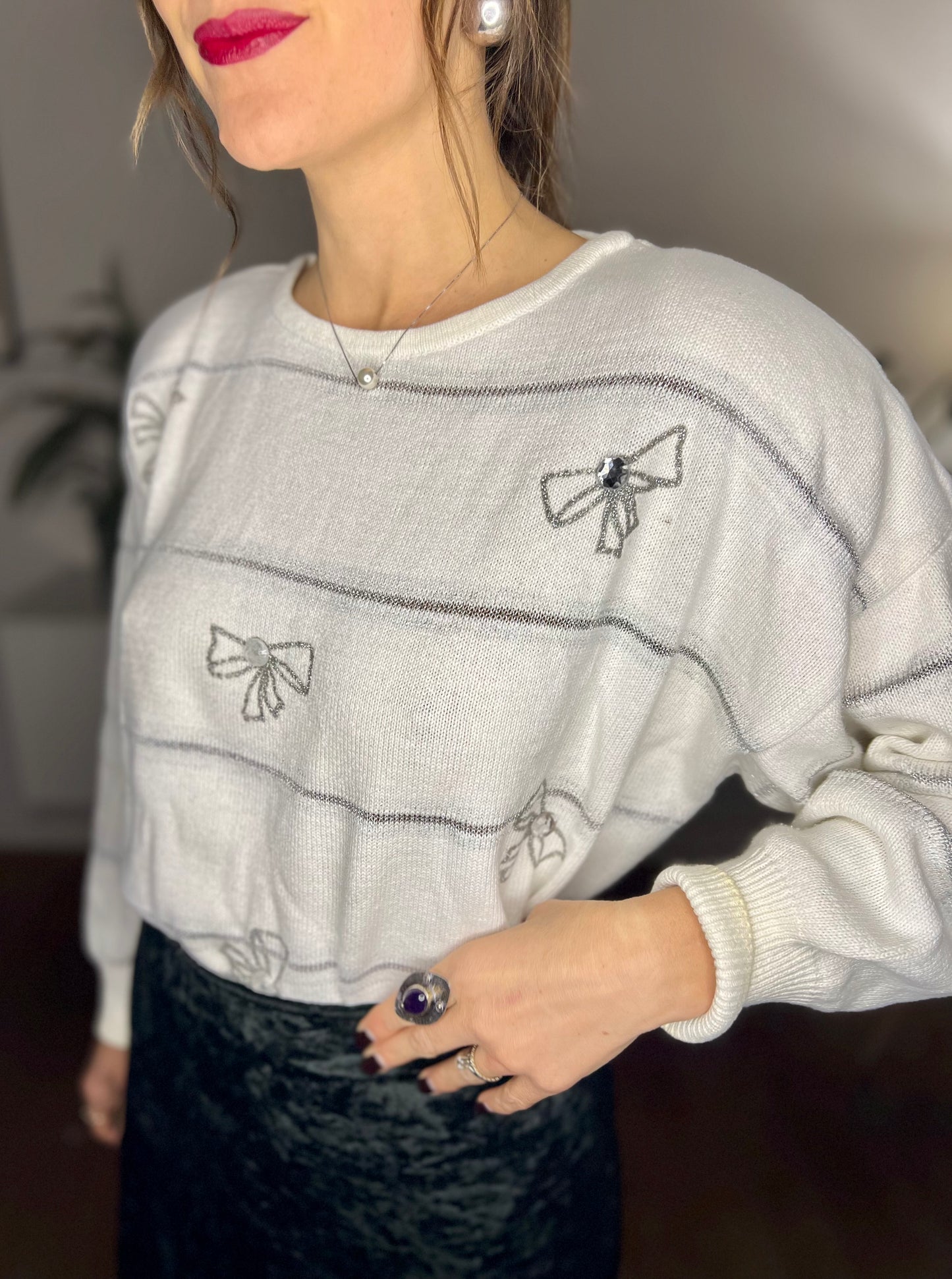 1980's vintage cream al silver knit pullover with rhinestone bow details