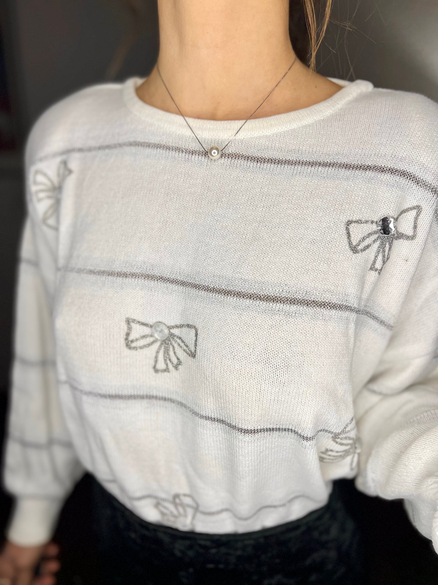 1980's vintage cream al silver knit pullover with rhinestone bow details