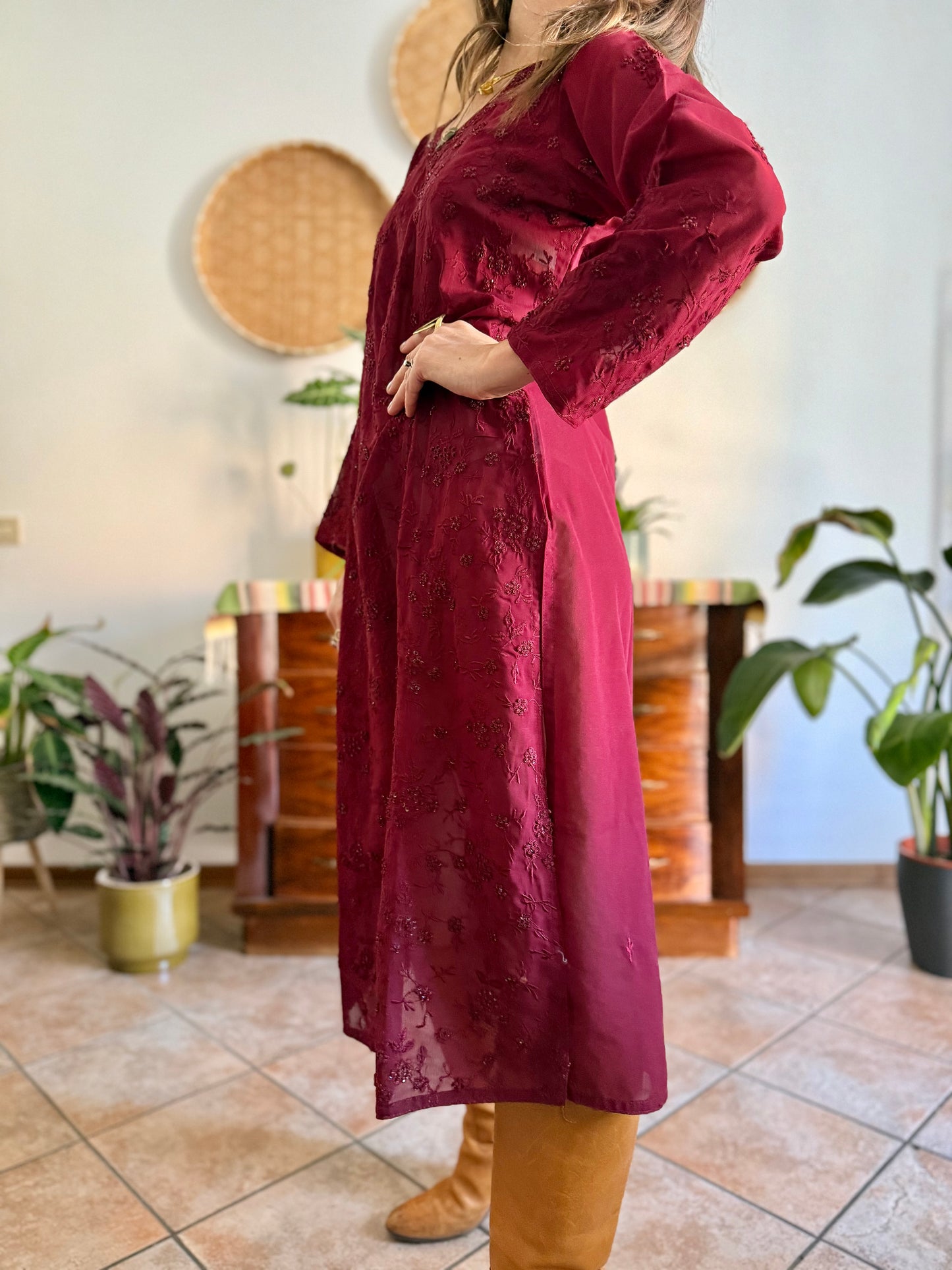 1970's vintage semi sheer burgundy midi dress with floral embroidery and sequin detailing