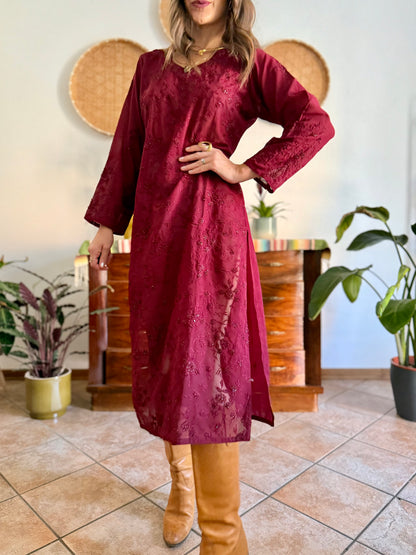 1970's vintage semi sheer burgundy midi dress with floral embroidery and sequin detailing