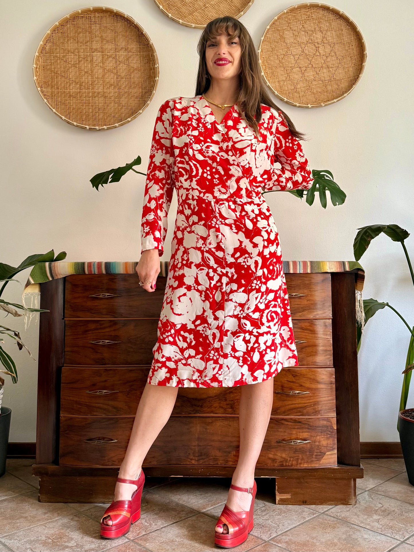 1960's vintage red and cream floral print silk midi dress
