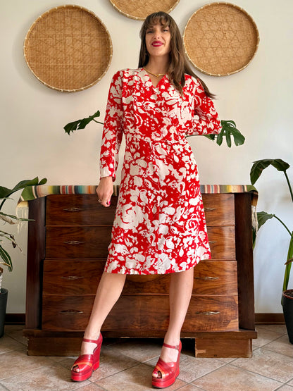 1960's vintage red and cream floral print silk midi dress