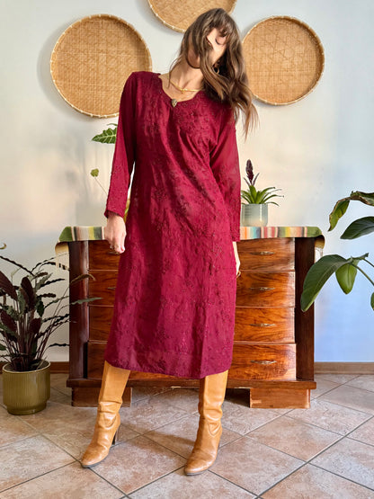 1970's vintage semi sheer burgundy midi dress with floral embroidery and sequin detailing
