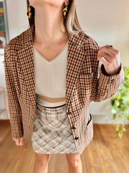 1970's vintage burgundy and brown houndstooth blazer