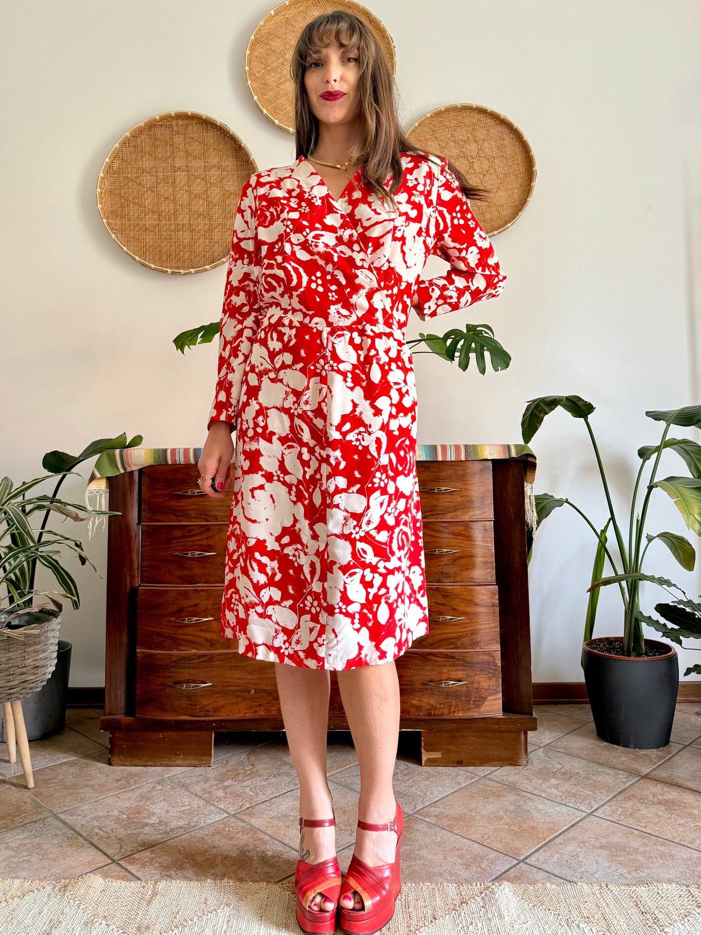 1960's vintage red and cream floral print silk midi dress
