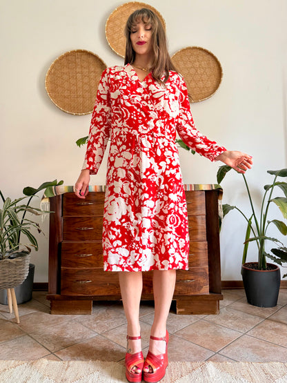 1960's vintage red and cream floral print silk midi dress