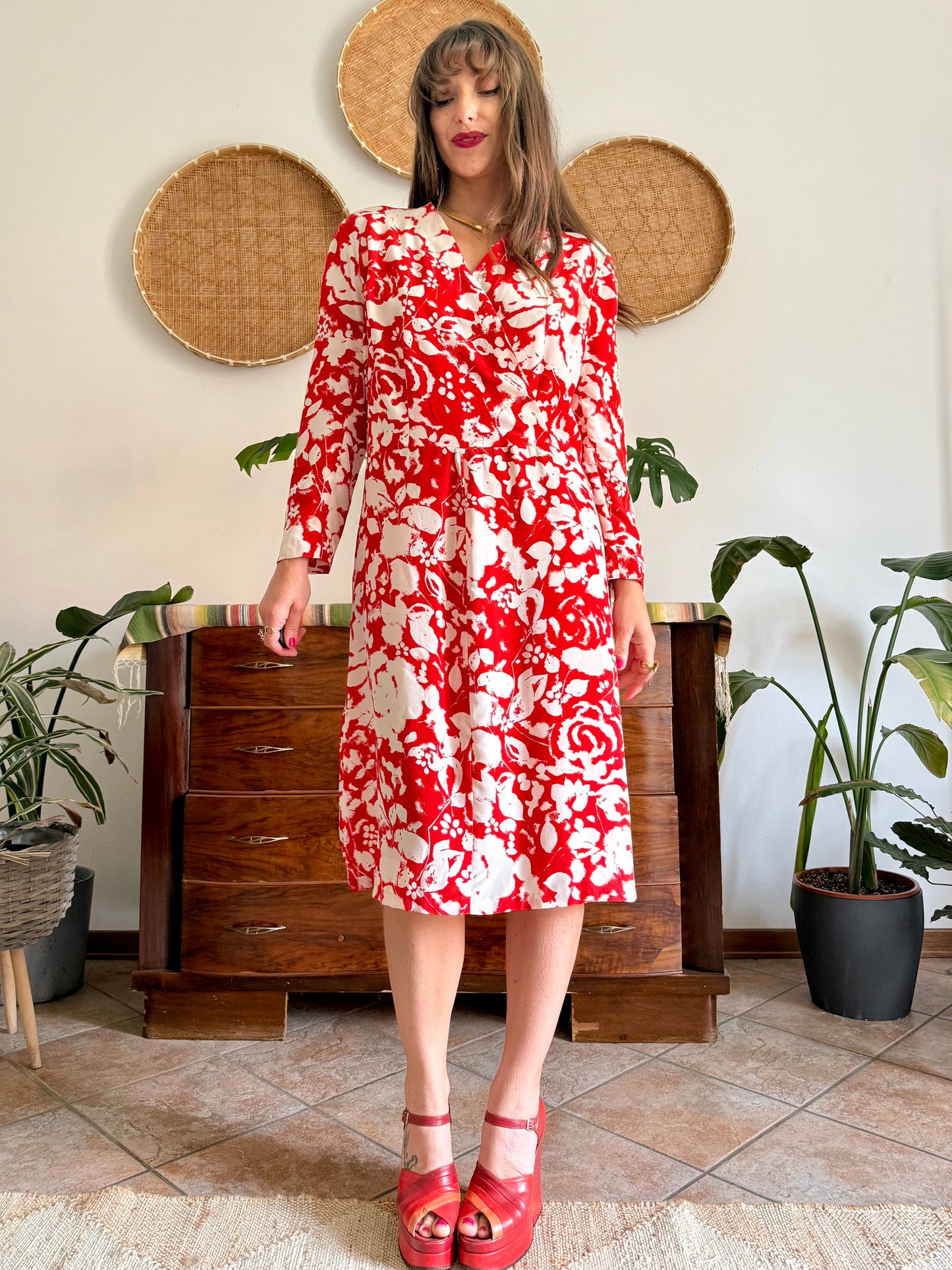 1960's vintage red and cream floral print silk midi dress