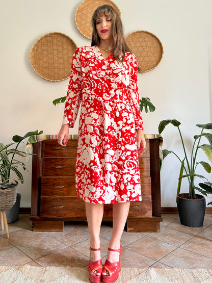 1960's vintage red and cream floral print silk midi dress