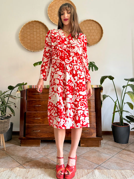 1960's vintage red and cream floral print silk midi dress