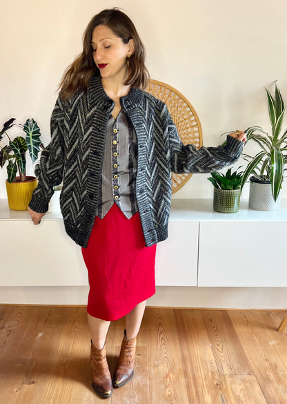 1970's vintage grey and black chevron cardigan with rainbow specks