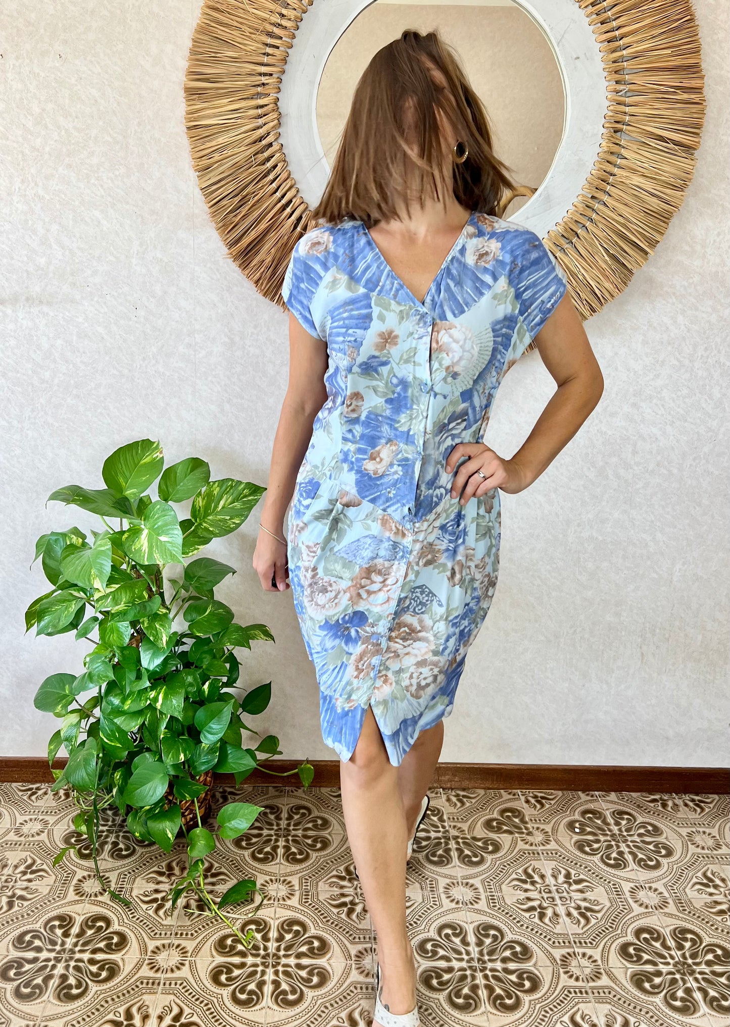 1970's vintage drop waist blue and tan fan and floral print dress