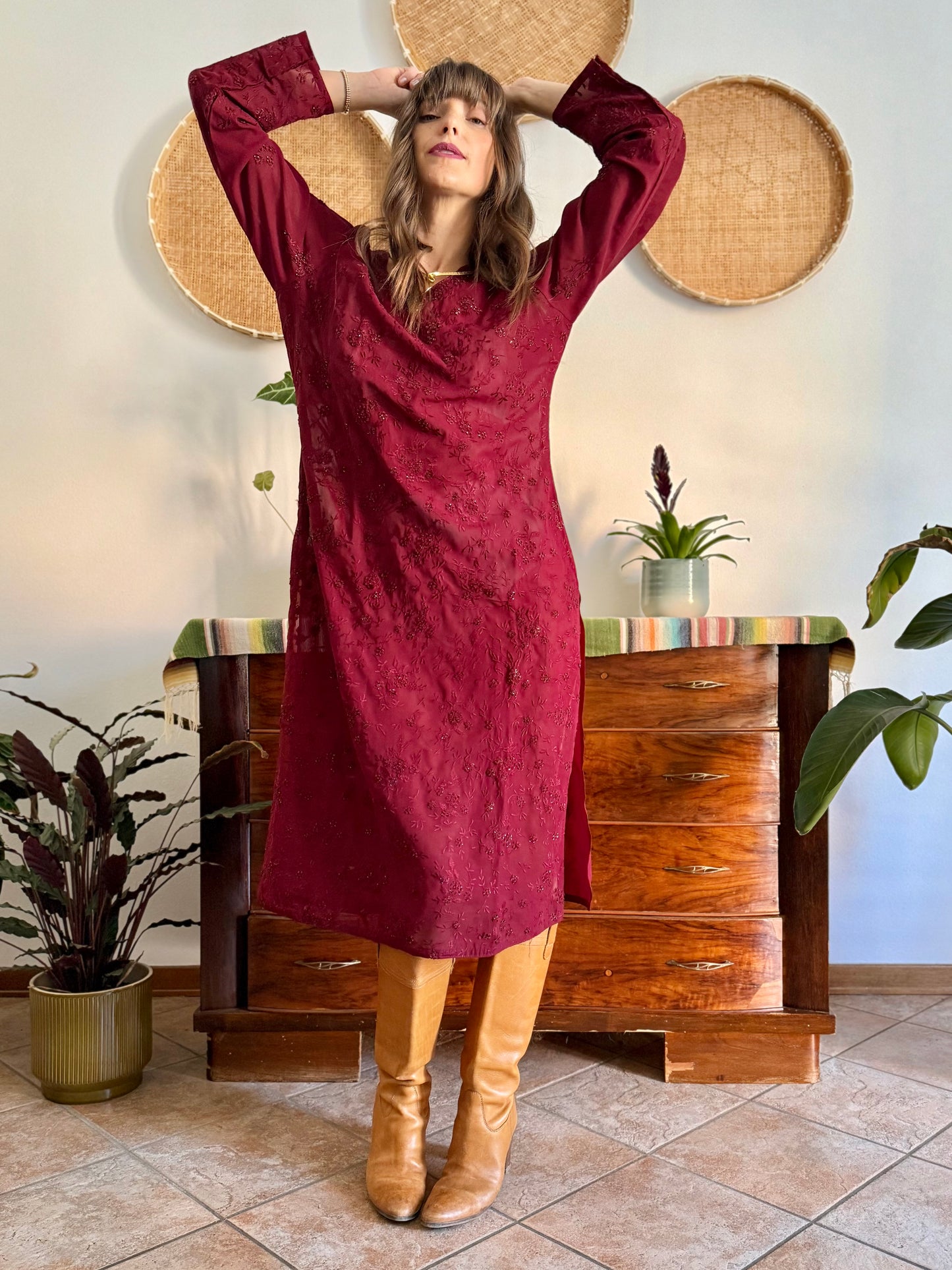 1970's vintage semi sheer burgundy midi dress with floral embroidery and sequin detailing