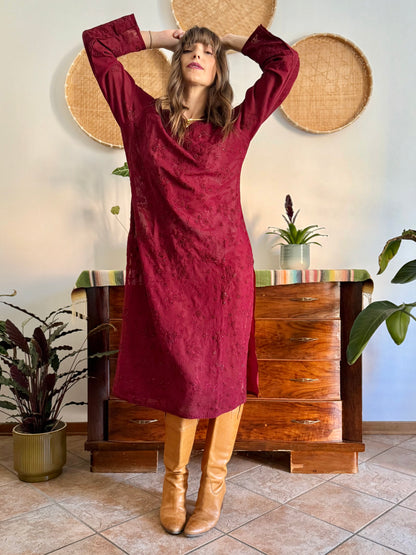 1970's vintage semi sheer burgundy midi dress with floral embroidery and sequin detailing