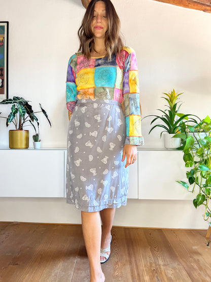 1970's vintage grey midi skirt with white indian print