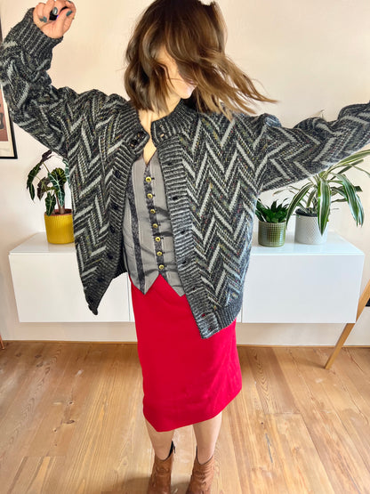 1970's vintage grey and black chevron cardigan with rainbow specks