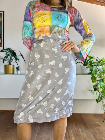 1970's vintage grey midi skirt with white indian print