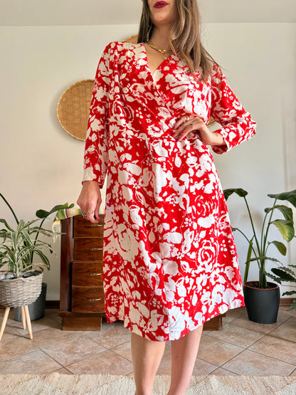 1960's vintage red and cream floral print silk midi dress
